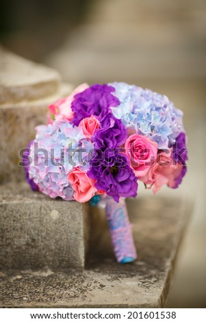 Bridal bouquet wedding hydrangea flowers, bride bouquet colorful flowers. floral wedding theme. selective focus