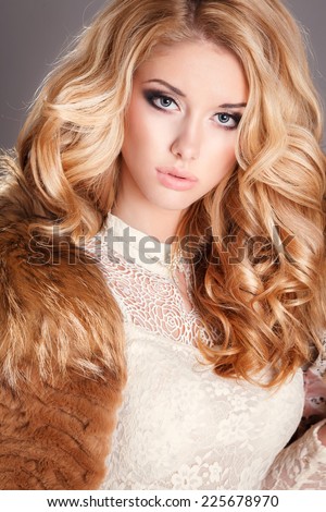 Winter Girl in Luxury Fur Coat. Fashion Fur, vogue style model, beauty woman bright makeup and long blond hair. series