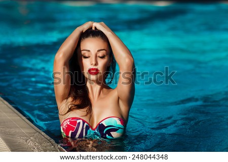 Beautiful woman swimming pool summer vacation summertime, sexy girl bikini fashion, tanned female model, girl having fun on beach, luxury lifestyle, series