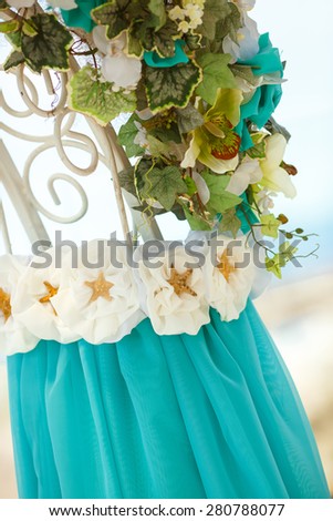 Wedding decorations tropical style, bridal flowers sea and ocean style arch, catering wedding ceremony, selective and soft focus, series