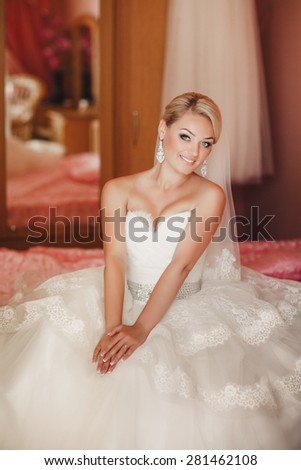 Beautiful Bride Portrait wedding makeup, wedding hairstyle, Wedding dress. Wedding decoration. soft selective focus. gorgeous young bride at home