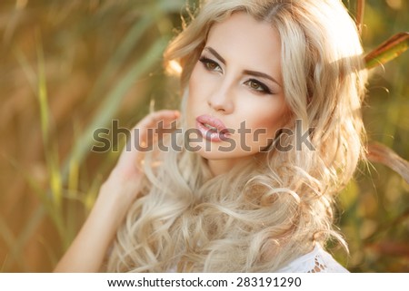 Beautiful smiling woman outdoors portrait beauty girl face summer, blonde female portrait, elegant lady in park, skin care and body care concept, soft focus at sunset, series