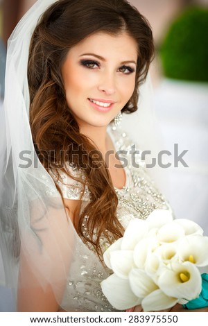 Beautiful Bride Portrait wedding makeup hairstyle Wedding dress. Model in white dress marriage day, soft selective focus.