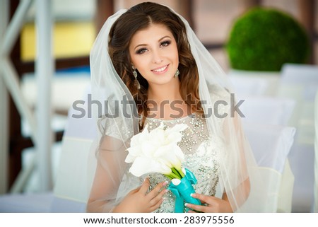 Beautiful Bride Portrait wedding makeup hairstyle Wedding dress. Model in white dress marriage day, soft selective focus.