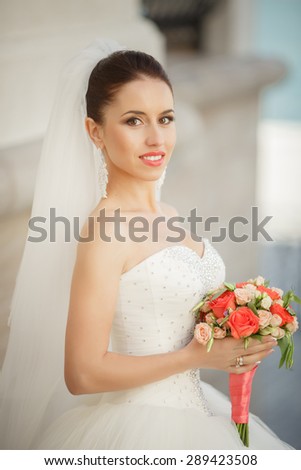 Beautiful young Bride portrait outdoor wedding woman in white dress, smiling female with marriage flowers bouquet outdoors, happy bride smiling portrait, soft focus, series.