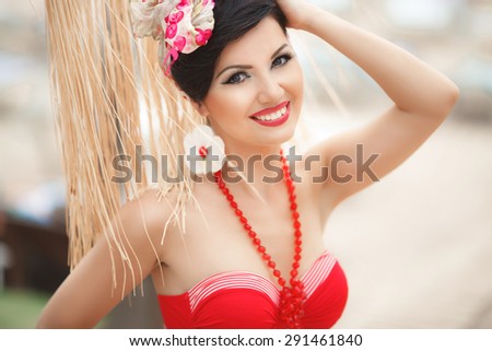 Beautiful woman at beach summer vacation,pinup style sexy girl outdoor portrait, tanned bikini model, pin up young woman at sand beach at Miami, sensual latin woman outdoor, soft retro tonality series