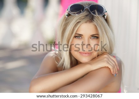 Beautiful young woman smiling outdoors, happy girl summer portrait, pretty female at beach vacation, happy woman face close up, beauty girl outdoor portrait, series