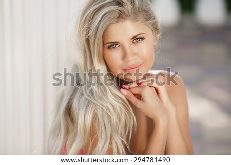 Beautiful girl summer portrait, fashionable young woman funny smiling, sexy bikini woman resting at beach, glamour blonde lady outdoors portrait summertime vacation, series in portfolio