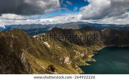 Laguna Quilotoa, Ecuador. It is a 3 km wide water-filled caldera and the most western volcano in the Ecuadorian Andes. Amazing views, turquoise water. Quilotoa is a tourist site of growing popularity.
