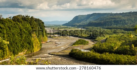 Meandering Pastaza river with jungle like  forest on both sides. Landscape seen from Shell close to Puyo in Ecuador.