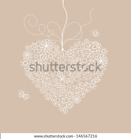 Pastel greeting card with lacy heart shape.Raster copy of vector image