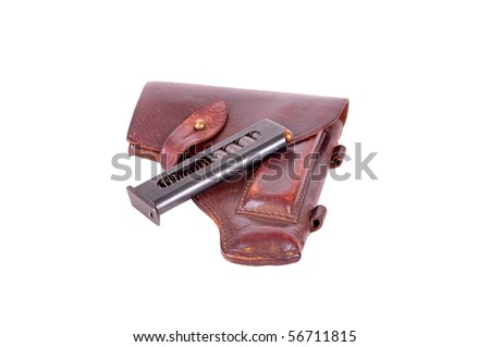 Vintage leather pistol holster isolated with gun\'s shop  on white background