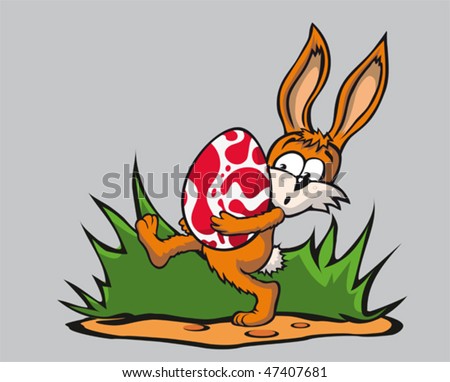 Easter Bunny carrying a heavy egg, funny illustration