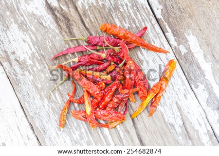Dried red chilly pepper on wood