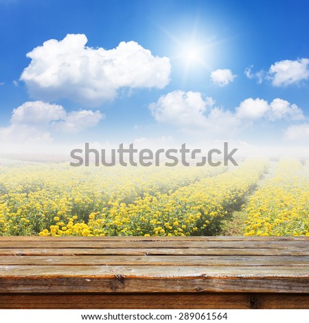 Wooden deck table on marigold flowers fields background