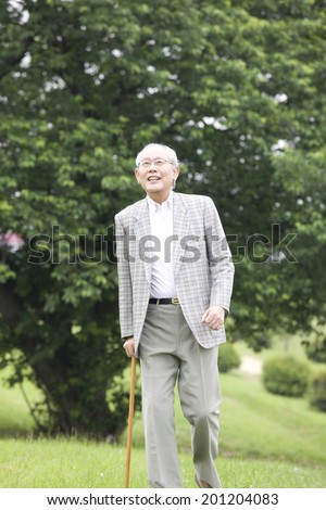 The old man walking with a cane in the park