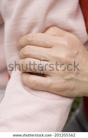 The hand of the wife grasping the arm of husband