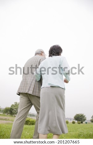 The rear view of the elderly couple walking down the river bed with their arms folded