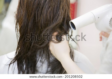 The hand of the hairdresser drying the wet hair with a dryer