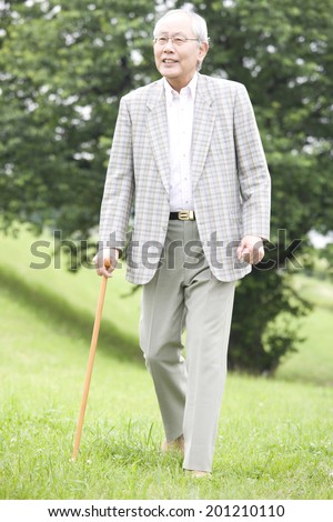 The old man walking with a cane in the park