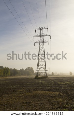 Image of electricity lines carrying power to the local people on a misty autumn morning.