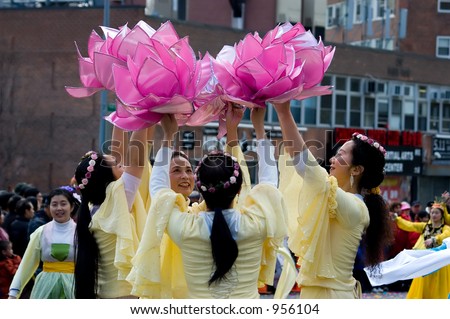 Chinese Lotus Dancers during Chinese Lunar New Year parade celebration in New York, 2006.