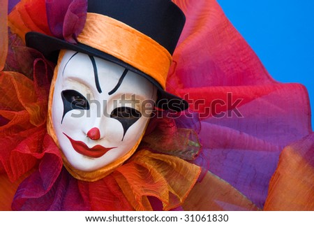 Closeup portraid of a sad clown with white mask.