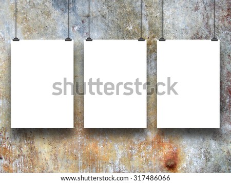 Digital background: three paper sheets with clips-brown gray blue ocher black white-grungy background