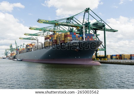 ANTWERP, BELGIUM - JULY 30: Container ship Filomena in the Westerschelde in MSC Home Terminal in port of Antwerp on July 30, 2012.