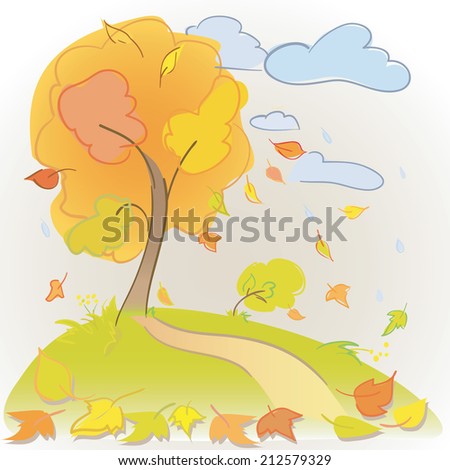 Autumn tree and sky. Landscape. Rain and yellow leaves.Vector illustration