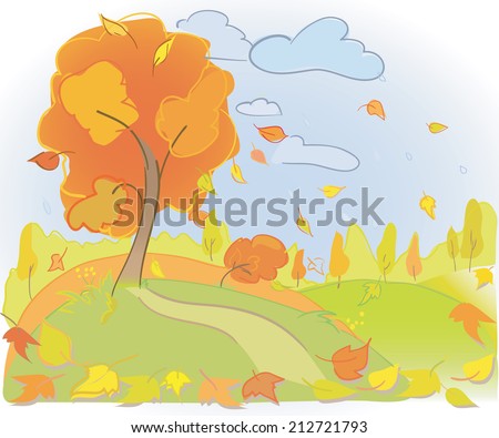 Autumn tree and sky. Landscape. Rain and yellow leaves Meadow and forest. Vector illustration