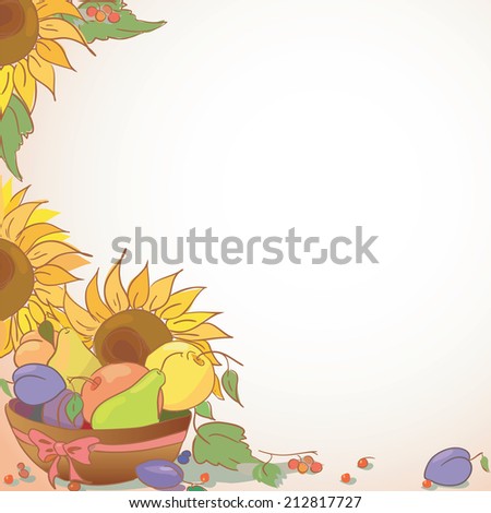 Background with fruit and flower. Illustration of apple plum pear and sunflower. Vector