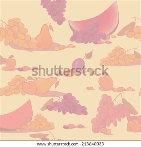 Seamless texture of food. Fruit and watermelon. Harvest of apple pear peach grapes and plum. Vector