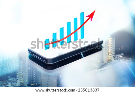Double expose of business graph on smart phone screen