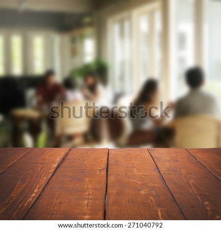 Empty table and blurred people in cafe background, product display