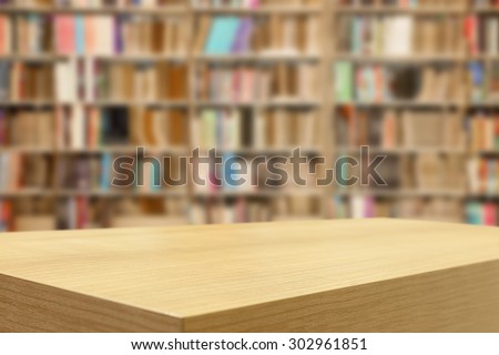 Empty wooden table and modern library background, product display montage