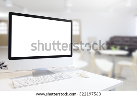Mock up of generic design computer screen. workspace in modern in room with table and chair. Copy space