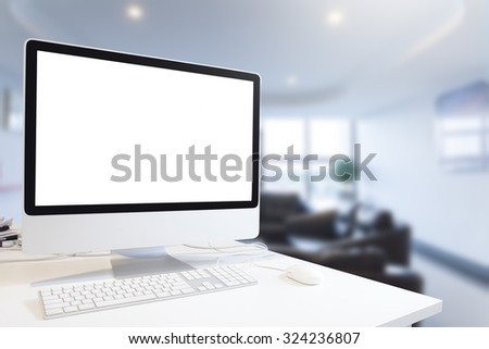 Mock up of generic design computer screen. workspace in modern in room. Copy space