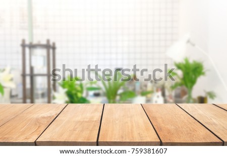 Empty wooden table and modern kitchen background, nature and tree