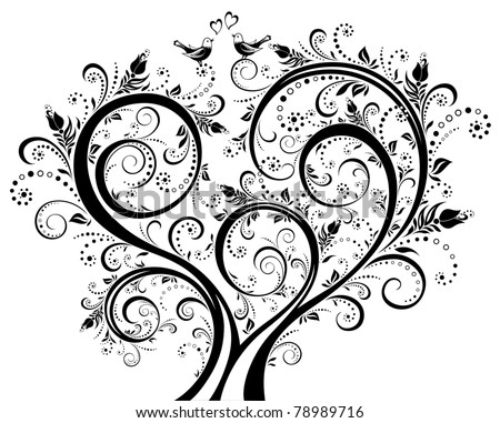 Vector Black And White Blooming Tree Floral Background 450x381px