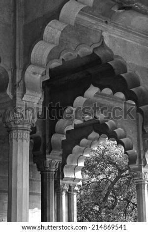 Old Delhi, India, November 25, 2012: Red Fort architectural detail in black and white, Named for its massive enclosing walls of red sandstone, was the residence of the Mughal emperor of India .