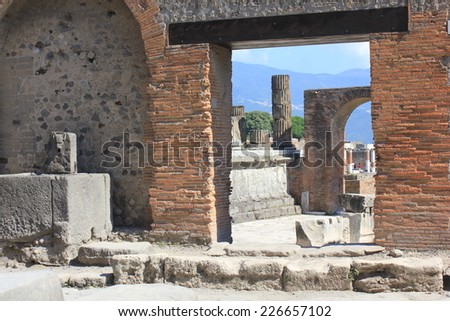 Pompei, Italy, August 9 2014: Detailed view of architectural detail of the ancient ruins of Pompei, from the forum.