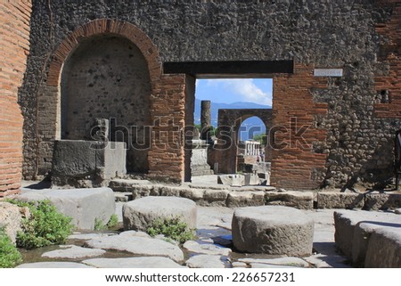 Pompei, Italy, August 9 2014: Detailed view of architectural detail of the ancient ruins of Pompei, from the forum.