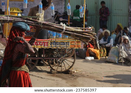 PUSHKAR, INDIA - NOV 28: Indian woman walking on the street carrying trunk on her head on November 28 2012