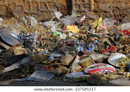 PUSHKAR, INDIA - NOV 28 2012: Trash in the Street of Pushkar, India