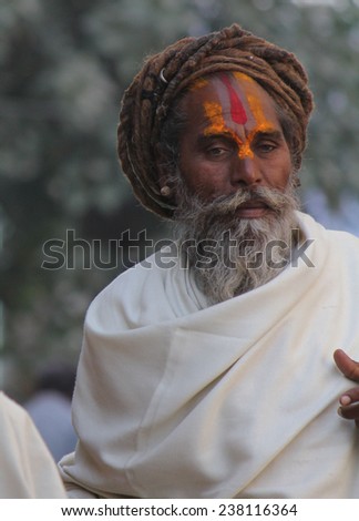 PUSHKAR, INDIA - NOV 28: Indian man with rasta and the tipycal tilak sign in the street of Pushkar on ovember 28 2012