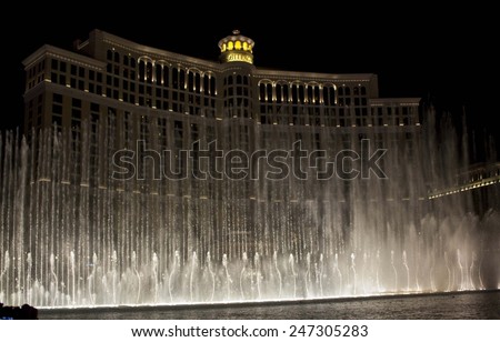 LAS VEGAS, USA - AUGUST 5: Bellagio waterworks, beautiful water games at night in front of the Bellagio Hotel in Las Vegas, on August 5 2013