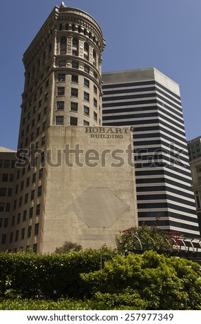 SAN FRANCISCO, USA - AUG 12 2013: The Hobart Building, and the 595 Market Street building, near Montgomery Street, in the financial district of San Francisco, in a sunny day