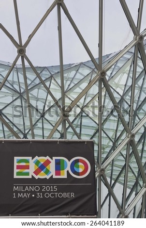 MILAN, ITALY - MARCH 20 2014: Expo 2015 Ticket office at the entrance of Milan Trade Fair in Rho Fiera district of Milan
