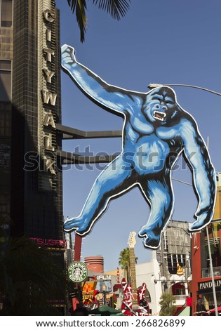 LOS ANGELES, CALIFORNIA - AUG 16 2013: Huge King Kong hang on a palace in the Universal Studios in Hollywood
